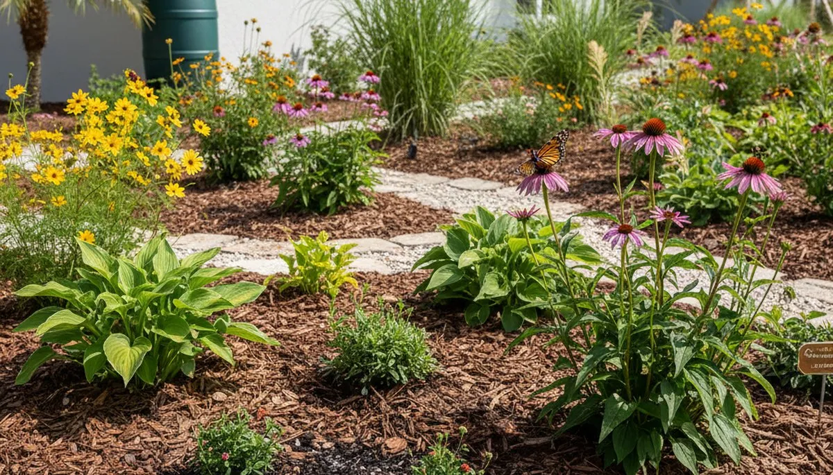 Organic landscape beds with lush plants and natural mulch in St Petersburg FL by Chop Chop Landscaping