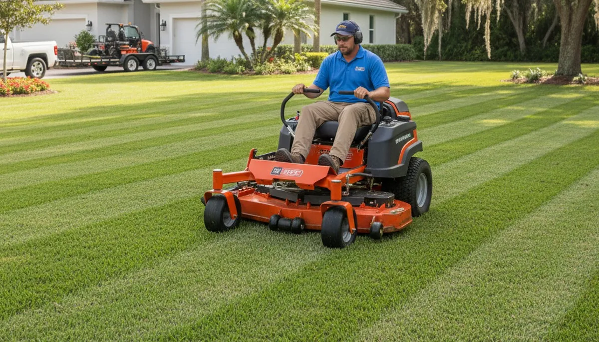 Commercial mower creating precise lawn stripes during professional mowing in St Petersburg, FL