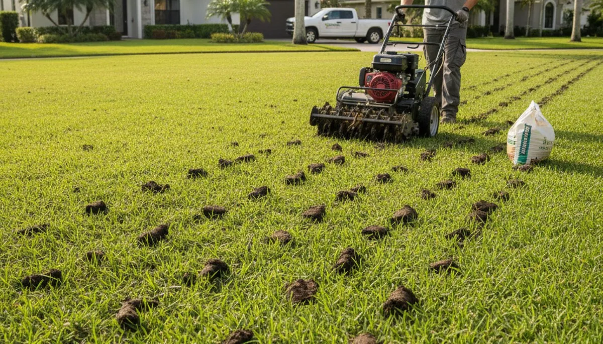 Core aeration machine treating lawn in St Petersburg, FL for improved grass health and soil aeration