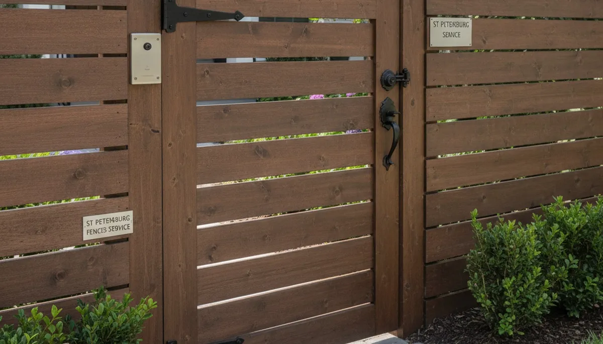 Custom wooden gate installation matching fence design in St Petersburg FL by Chop Chop Landscaping