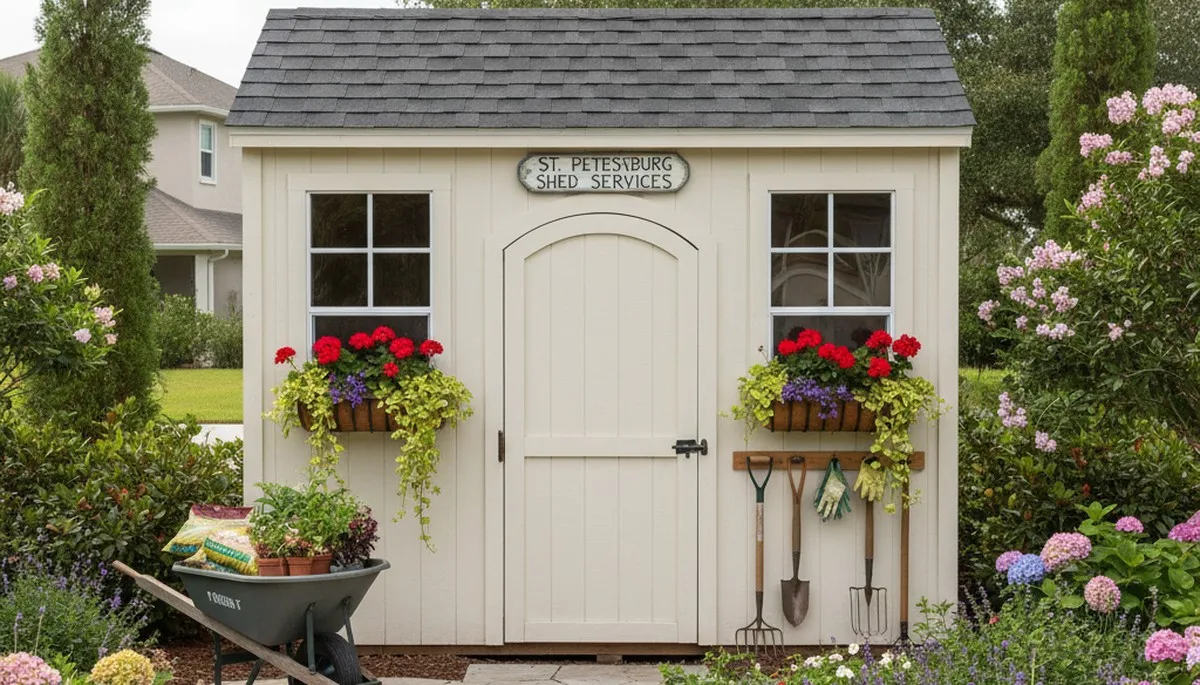 Decorative garden shed with lush landscape design by Chop Chop Landscaping in St Petersburg, FL