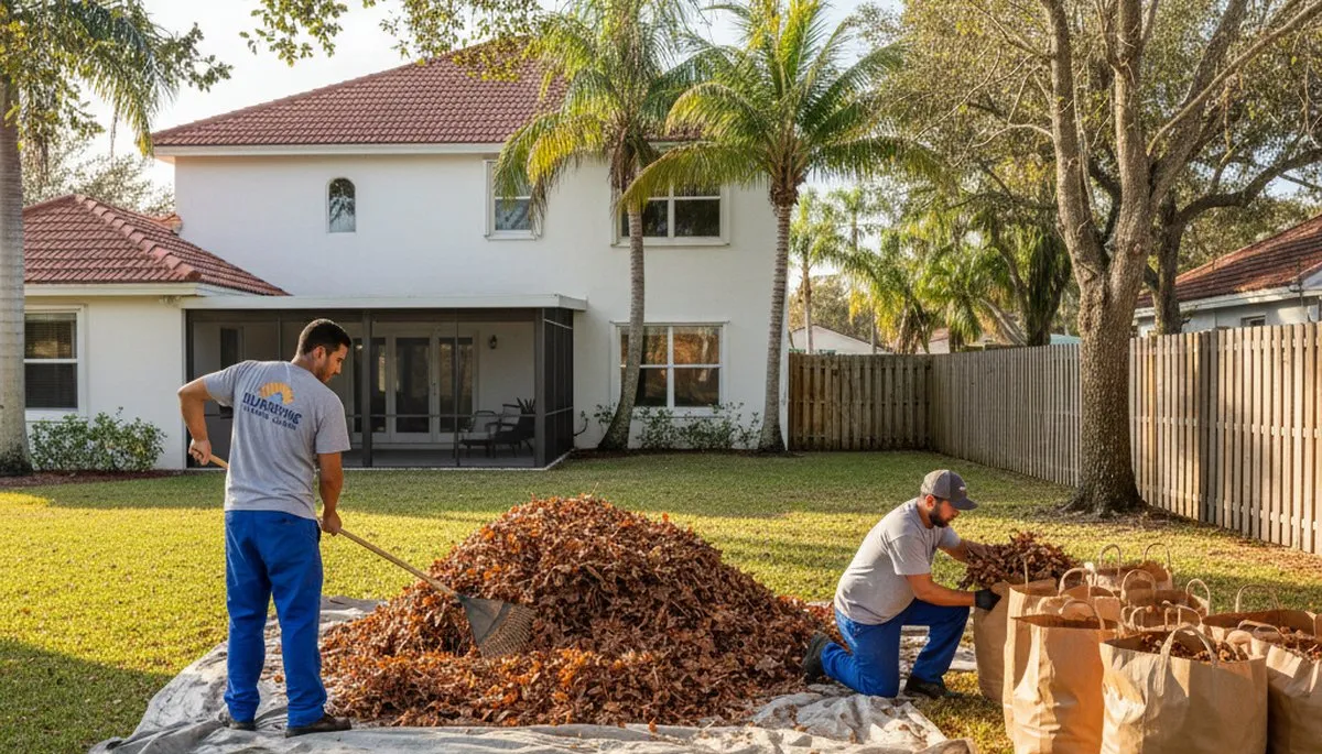 Technicians performing fall leaf removal and yard cleanup in St Petersburg, FL residential lawn