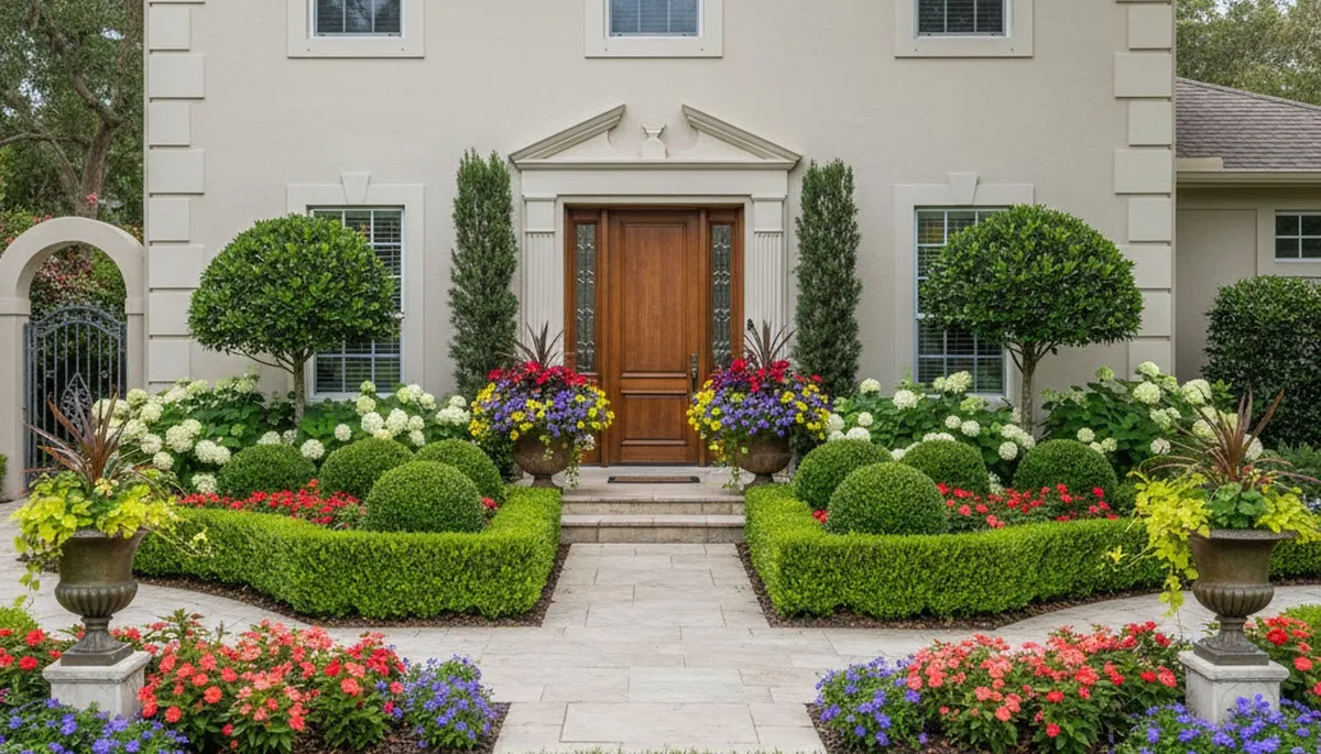 Front yard curb appeal landscaping with vibrant plants and shrubs in St Petersburg, FL