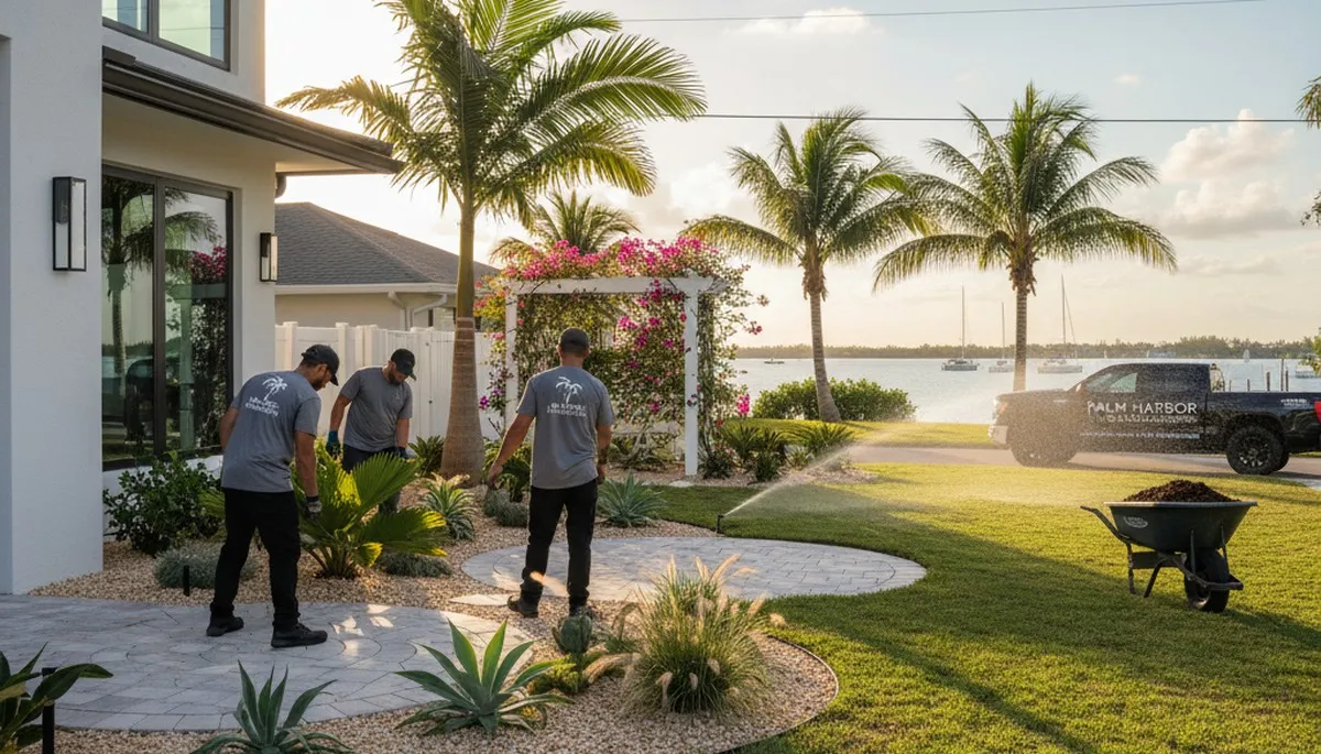 Landscaping crew providing lawn care service in St Petersburg, FL