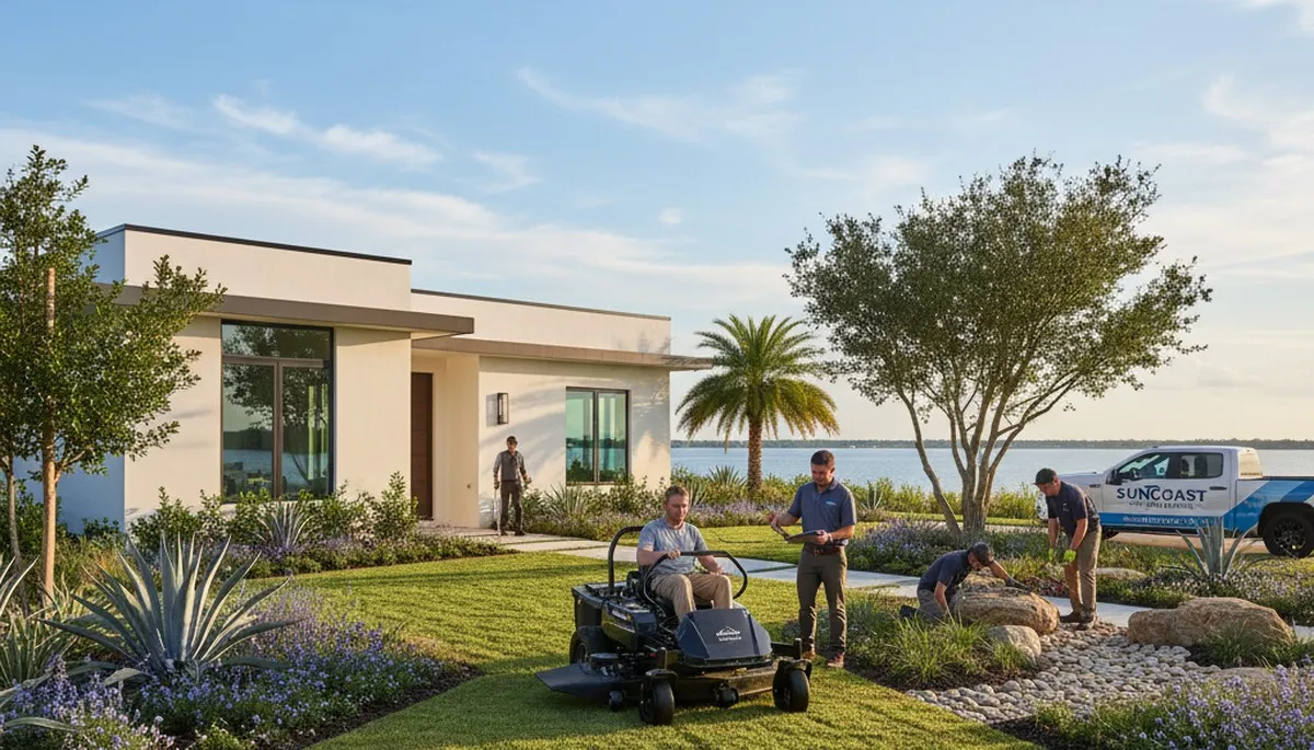 Landscaping crew servicing a St Petersburg, FL lawn for professional yard maintenance