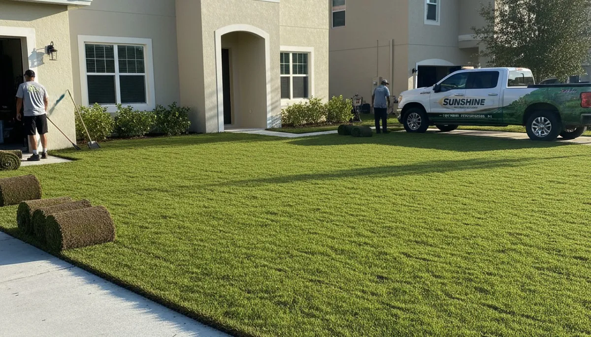 Freshly installed green sod lawn in St Petersburg FL showing professional landscaping transformation