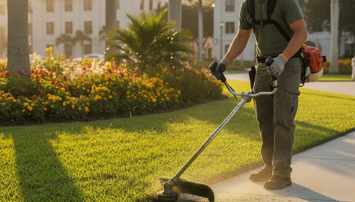 Technician edging lawn with string trimmer in St Petersburg FL for precise lawn maintenance
