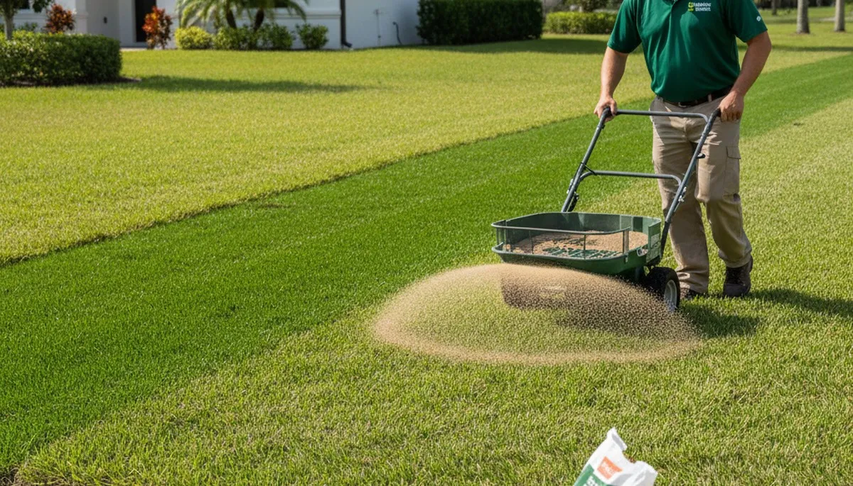 Lawn care technician applying fertilizer with spreader in St Petersburg, FL for healthy green lawns