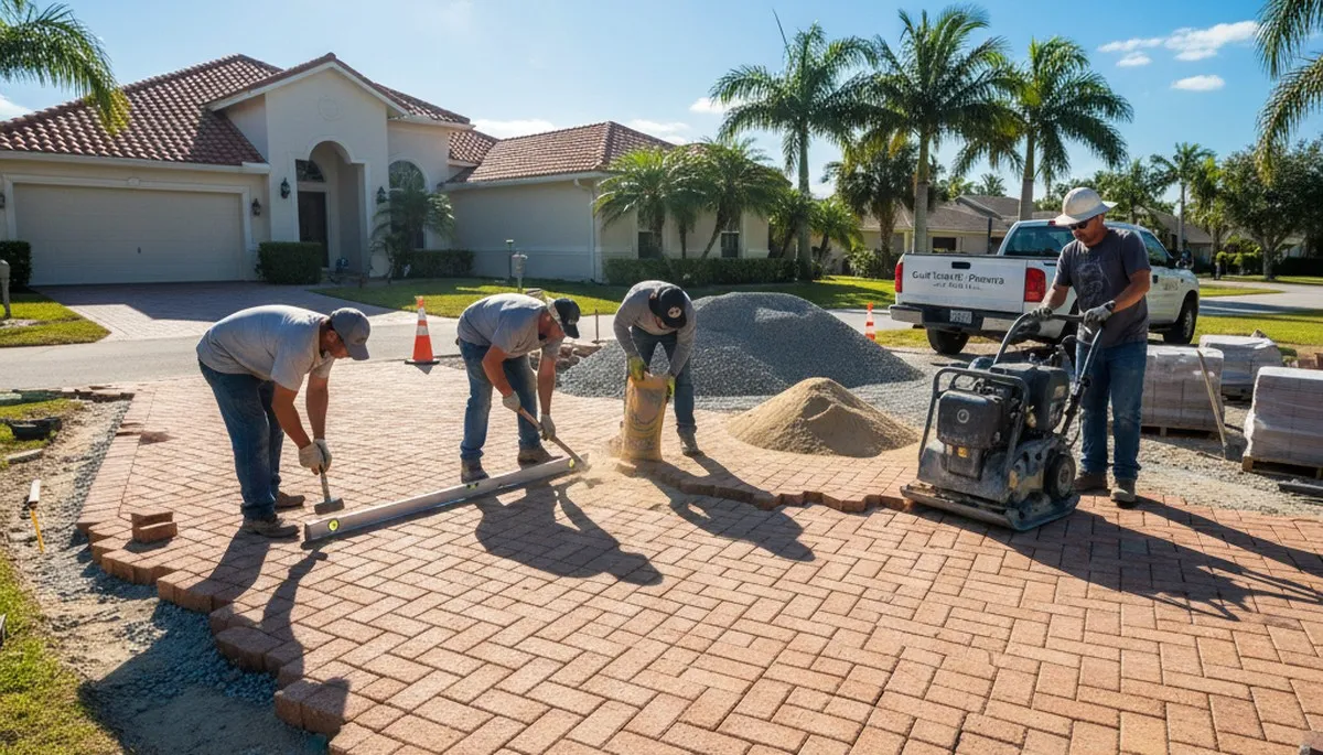 Crew installing driveway pavers in St Petersburg FL with precise leveling and base preparation