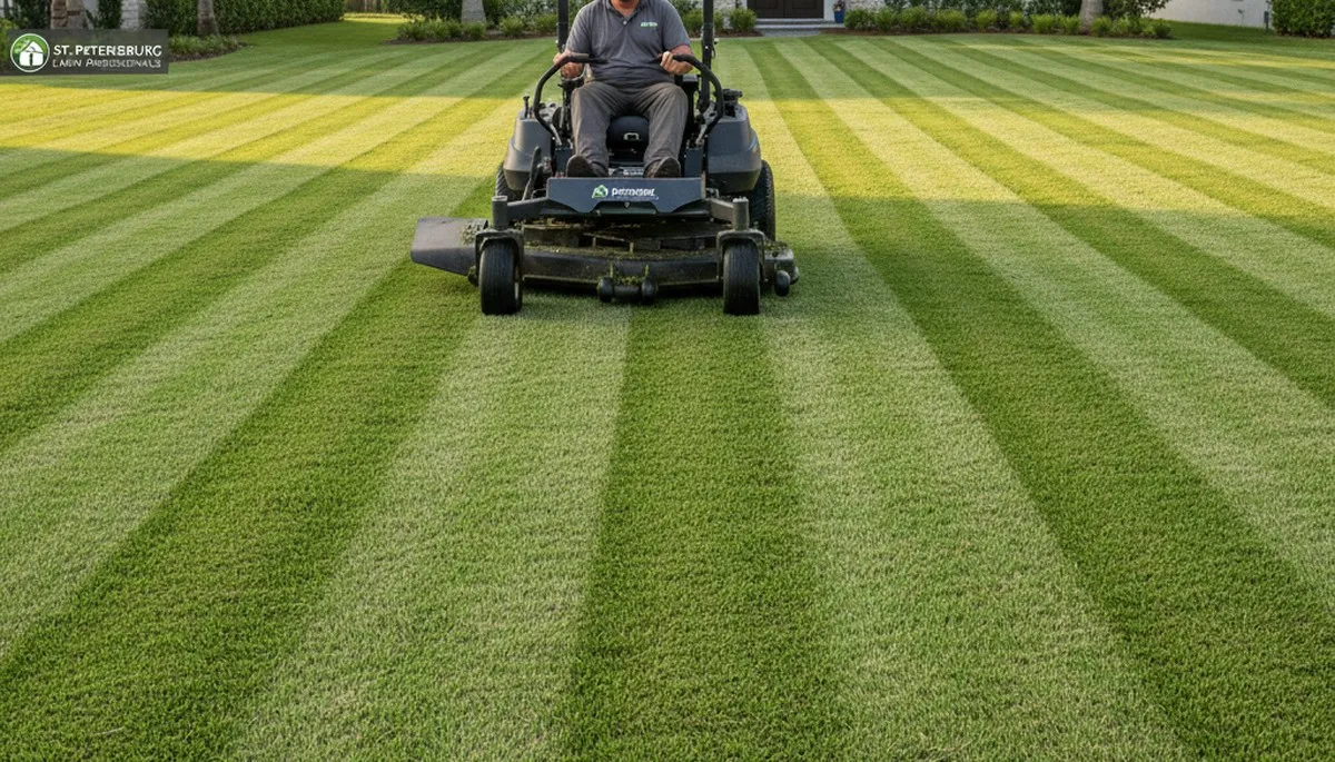 Professional lawn mowing with crisp stripes and clean edging in St Petersburg, FL by Chop Chop Landscaping