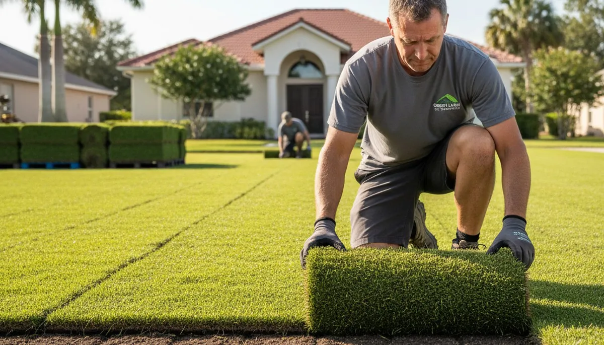 Professional landscaper installing fresh sod rolls on a new lawn in St Petersburg, FL