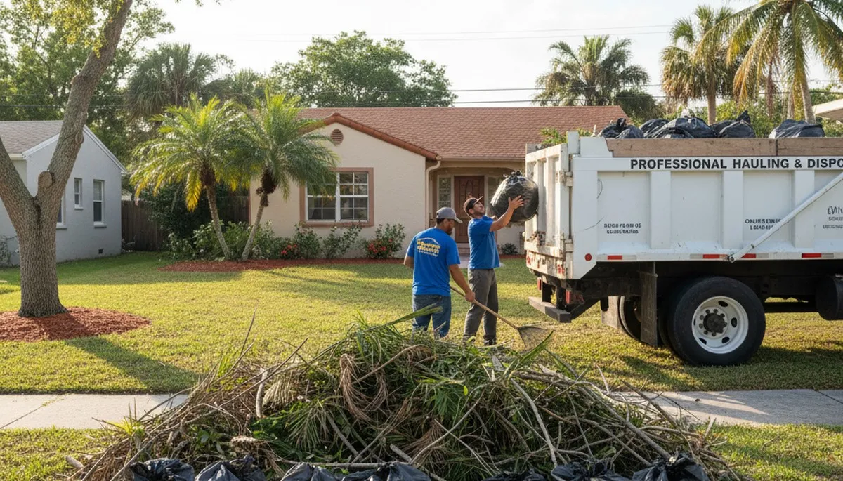 Technicians performing branch removal and yard debris hauling in St Petersburg FL yard cleanup service