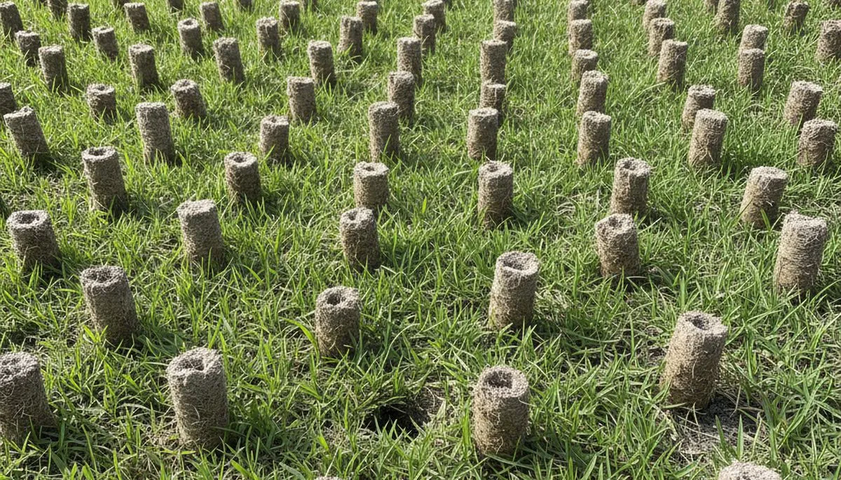 Close-up of soil core plugs after lawn aeration on St Petersburg FL lawn by Chop Chop Landscaping