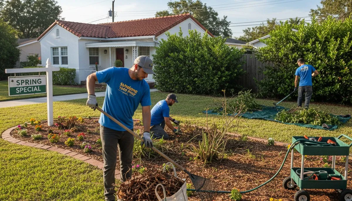 Spring yard clean up crew removing winter debris and pruning gardens in St Petersburg FL landscaping project