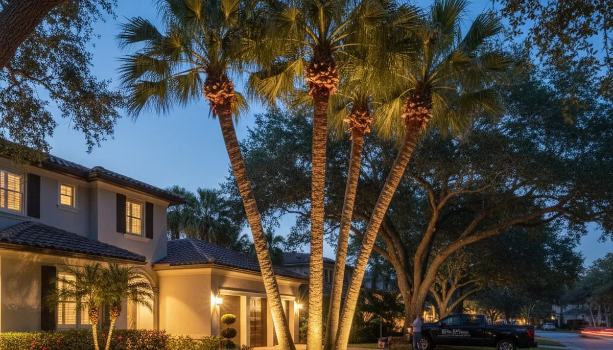 Mature trees with professional uplighting at night by Chop Chop Landscaping in St Petersburg, FL